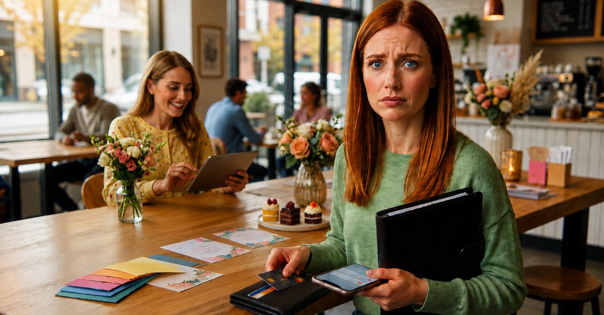 frustrated and scared woman holding credit card and phone with documents, in a cafe