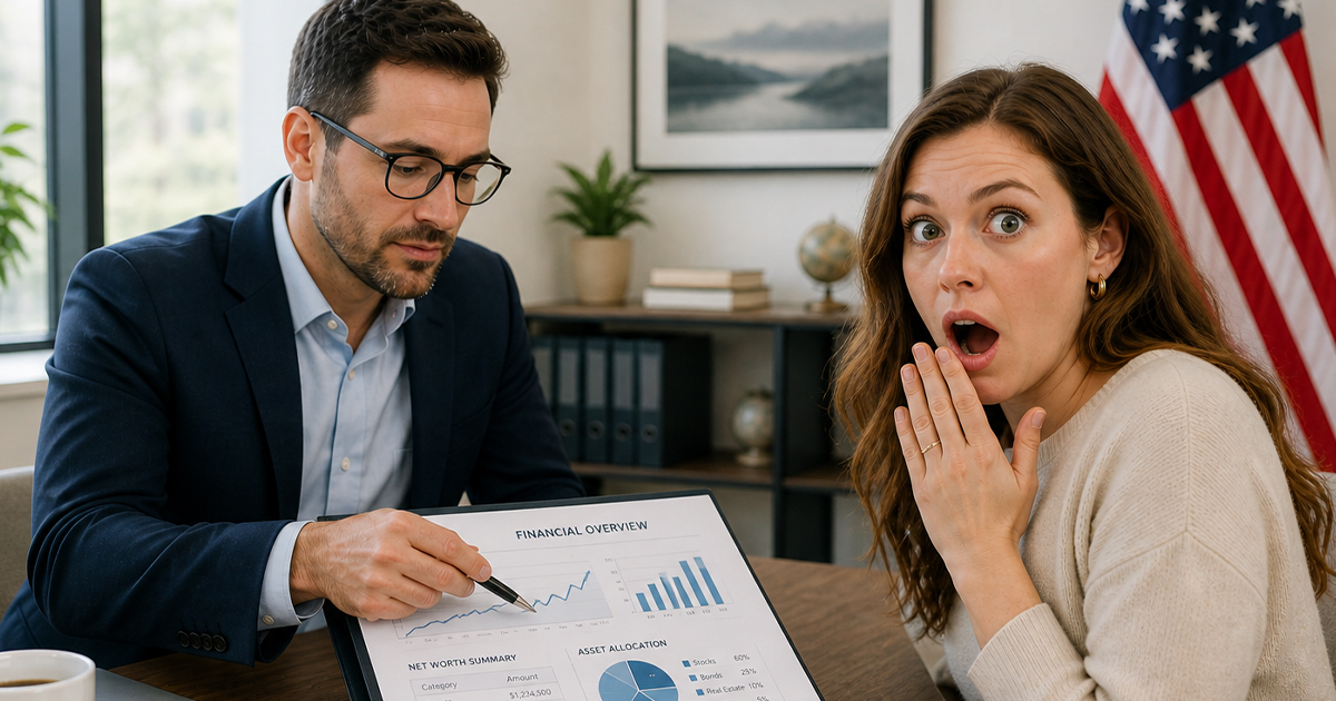 Financial advisor and a shocked client looking over documents.