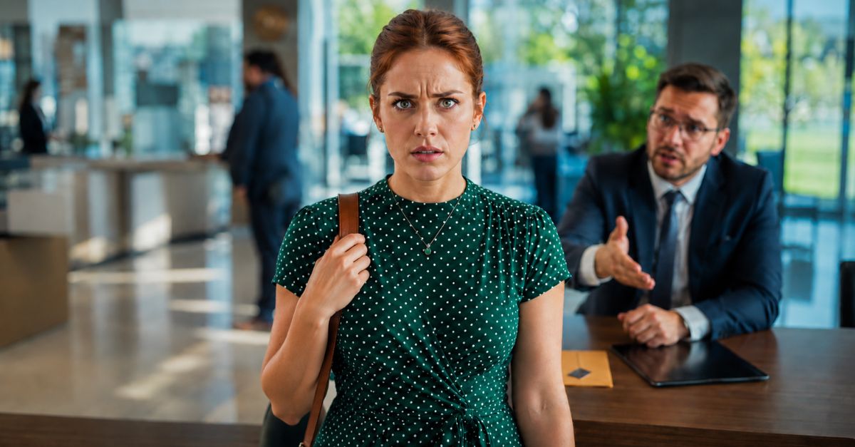 hesitant and skeptical woman in bank, with an employee in the background