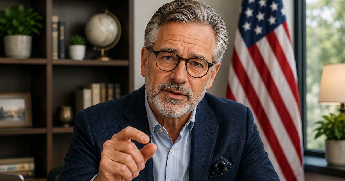 Older man giving advice with american flag in background.