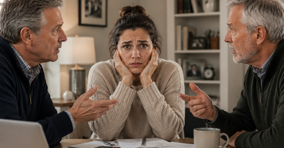 Woman nervous older men arguing