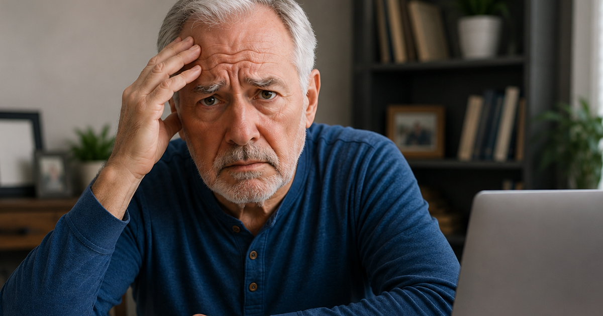 Worried older man with hand resting on head.