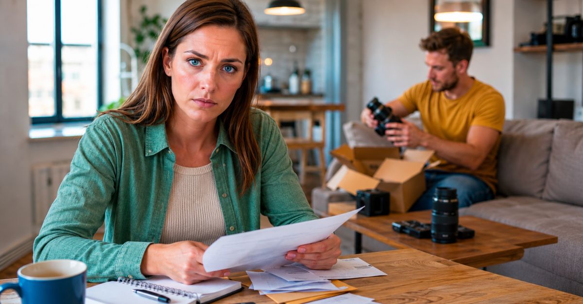 woman focused on bills and man admiring his new gear