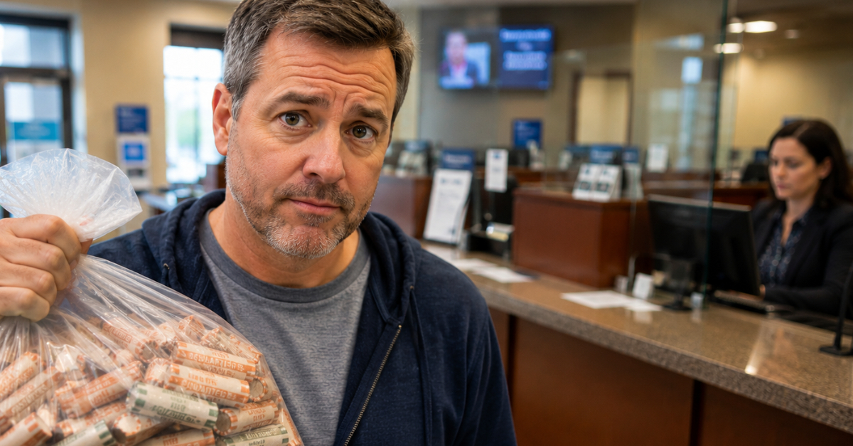 man with lots of rolled coins at bank