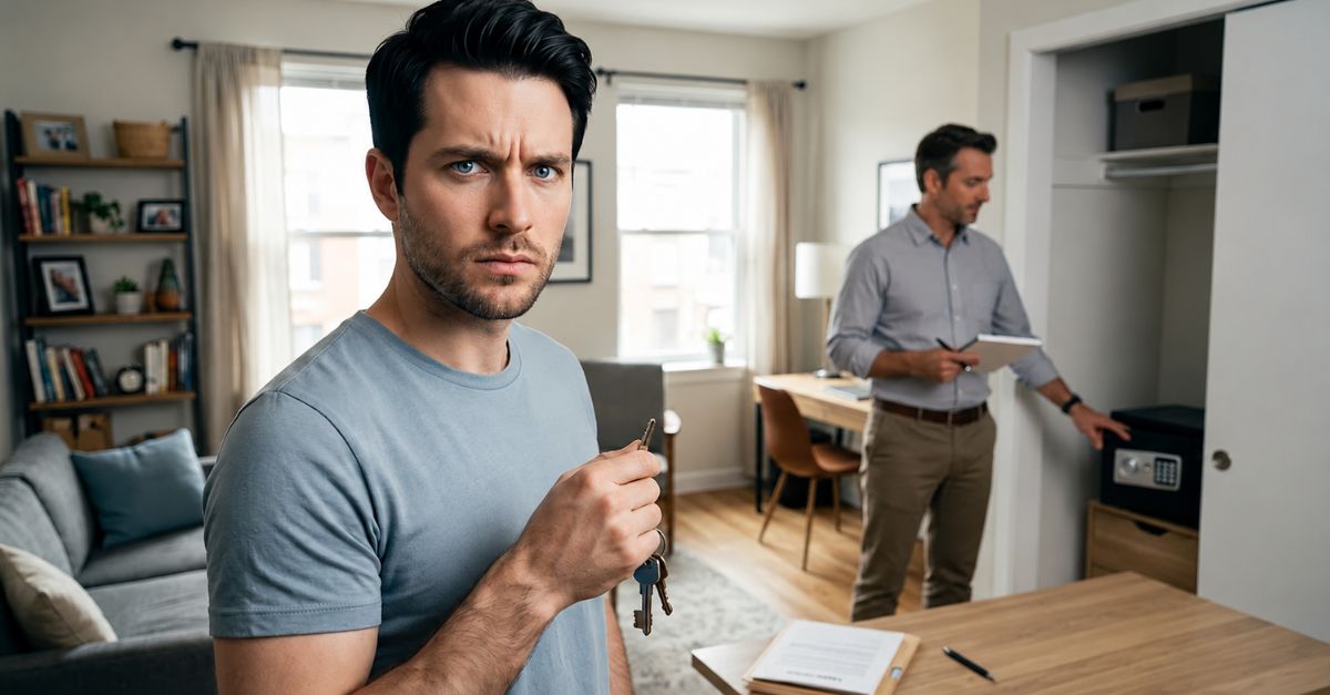 man holding keys to safe, while another man stands beside the safe
