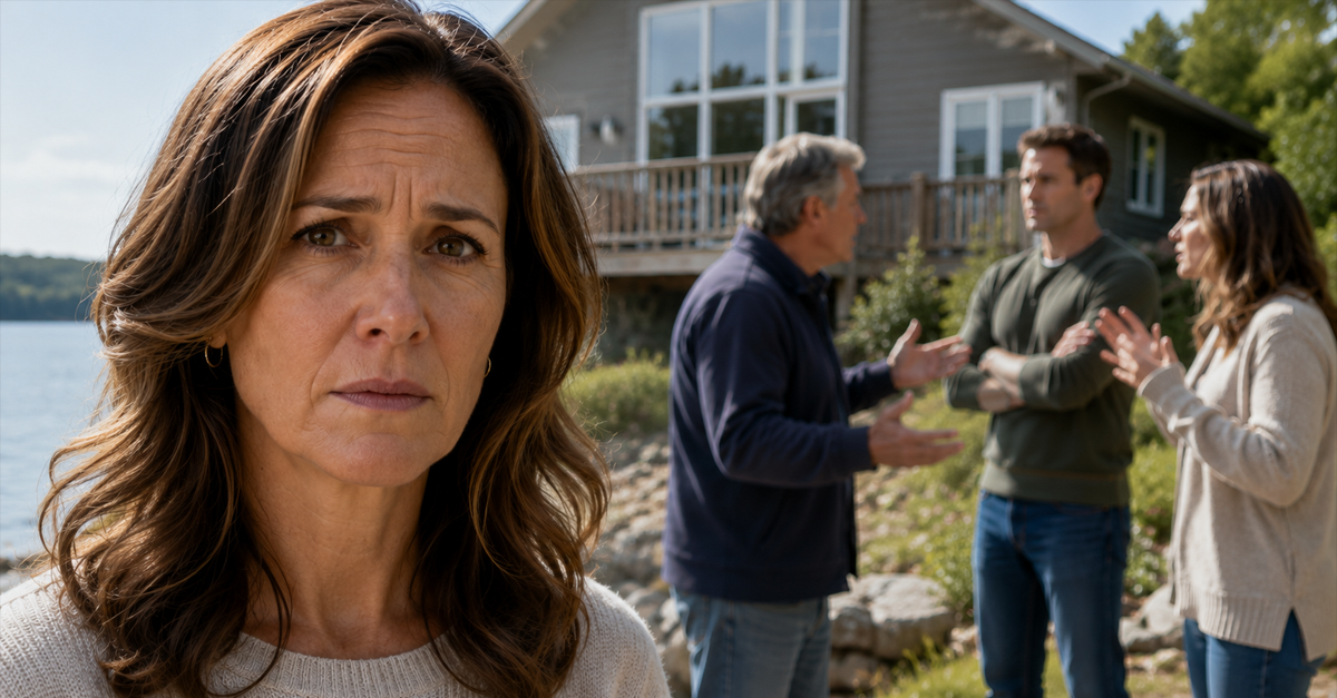 AI-generated image of woman in foreground as family members argue outside vacation home