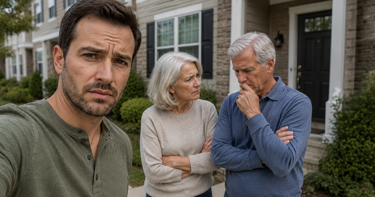Man standing in front of an older couple at a house
