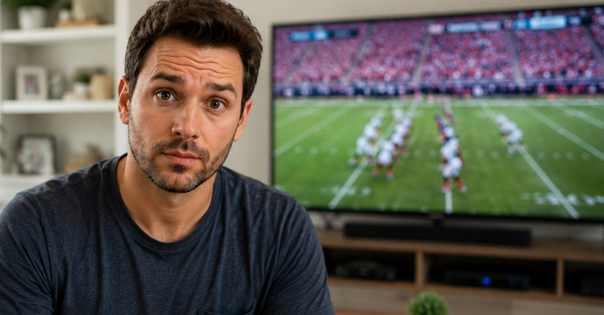man in forground, big TV football game in background