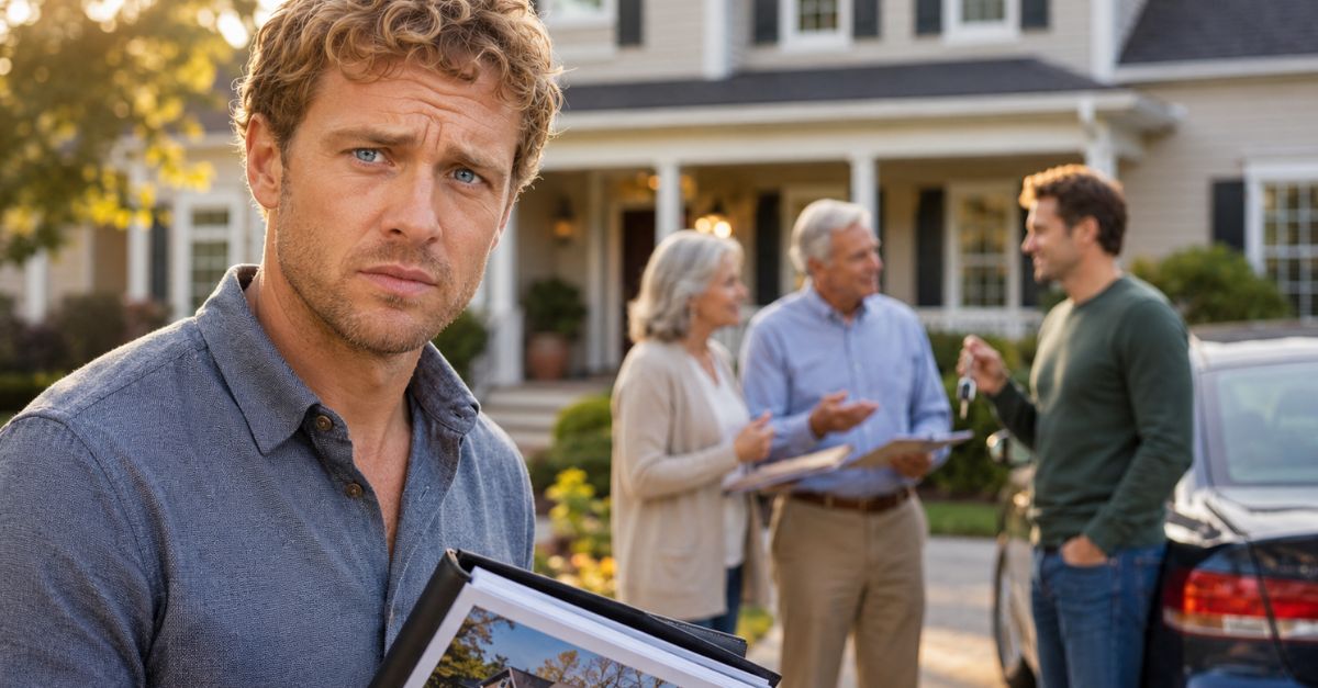 gloomy man holding a brochure; another man and elder parents in the background
