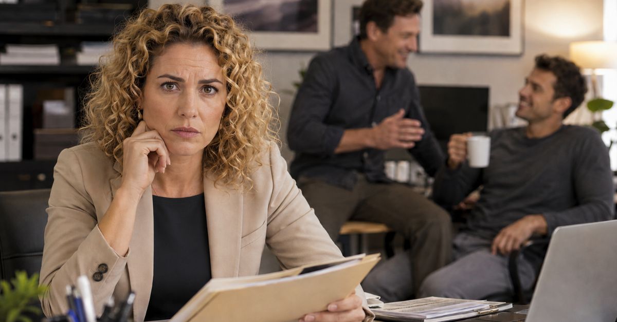 concerned woman in office, with two men chatting in the background