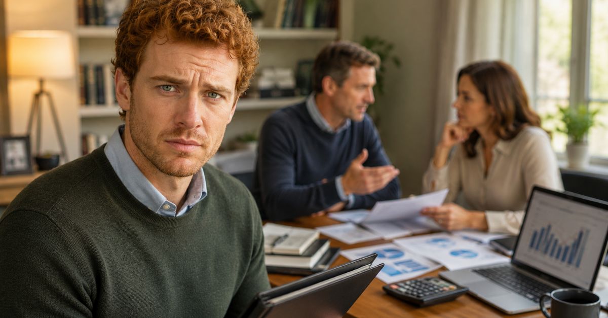 confused man in foreground; focused discussion in the background