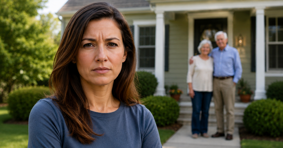 AI-generated image of a woman standing in front of house, elderly couple