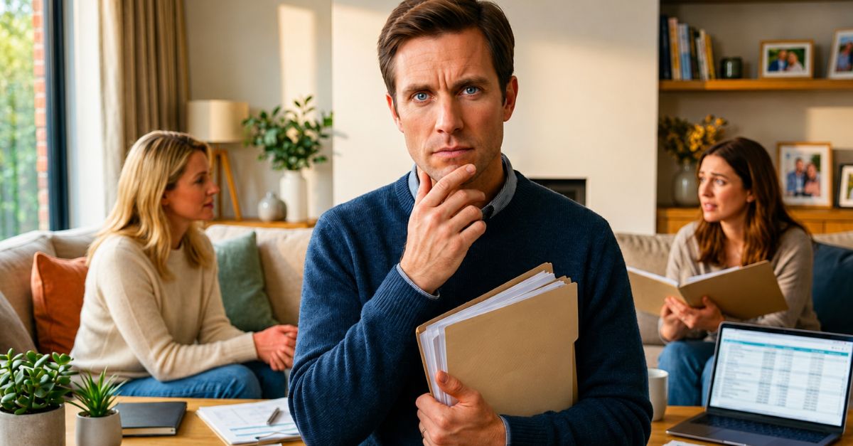 thoughtful man holding a folder of files, while his wife and friend are in discussion in the background