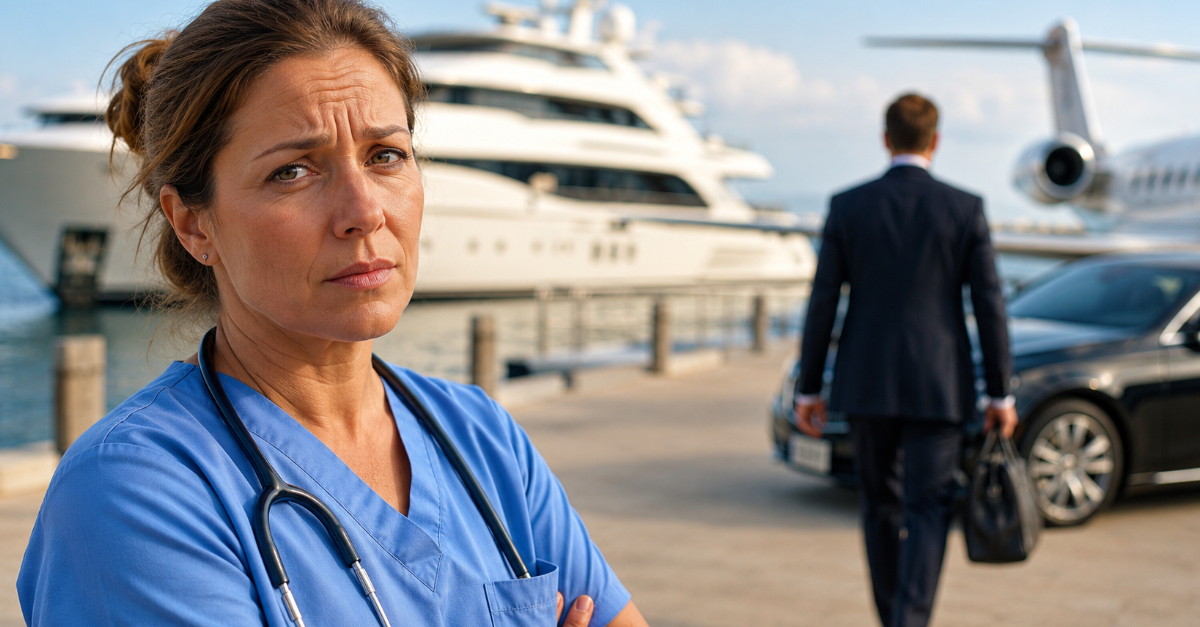 Nurse with yacht and billionaire in background