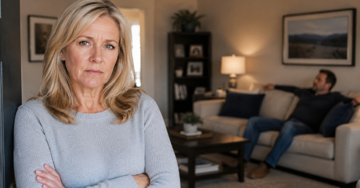 Angry older woman in house, man sitting on couch in background
