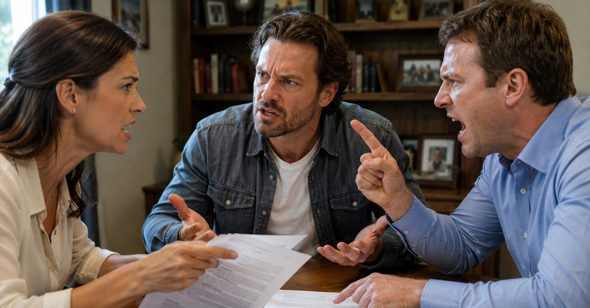 Three angry siblings arguing at the dinner table over paperwork.