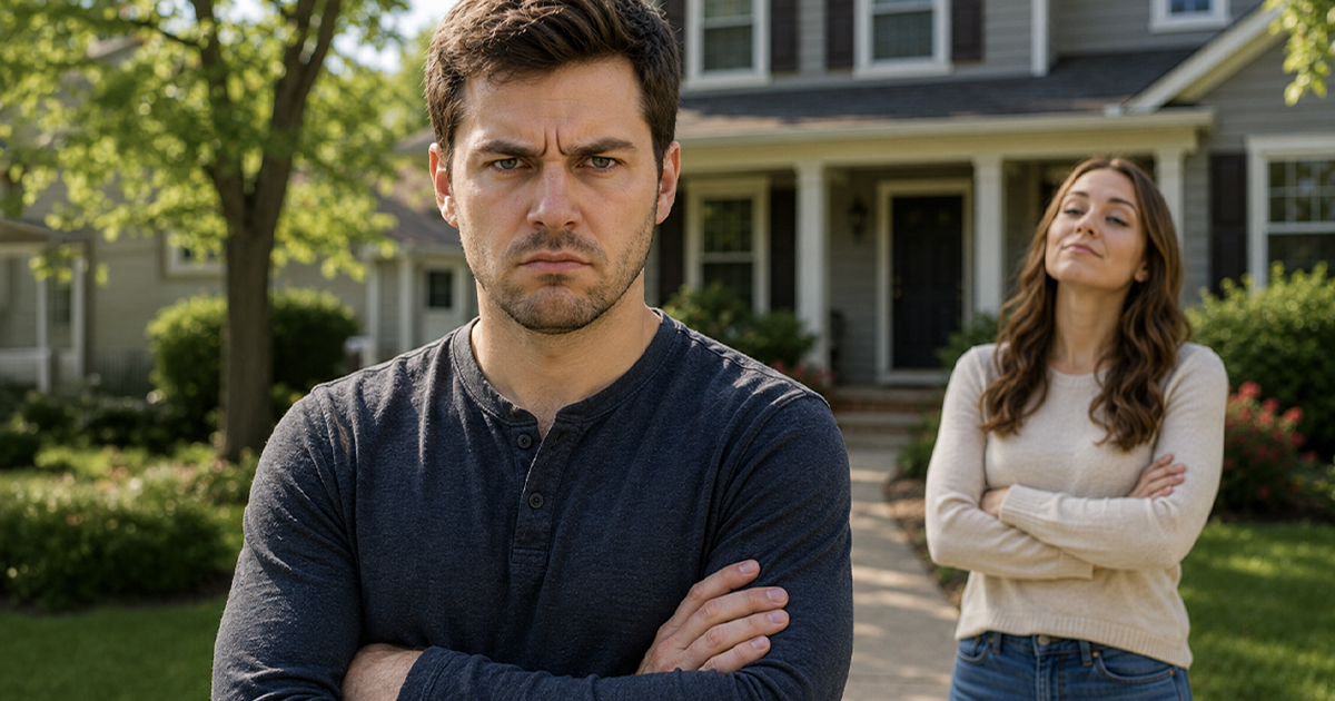 Annoyed man standing in front of a house with a woman