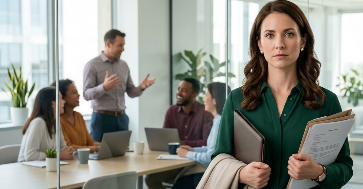 woman masking her sadness; her colleagues laughing in the background