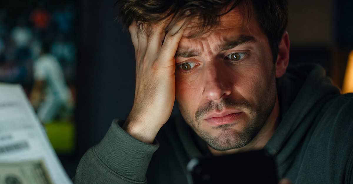 Worried man looking at phone at night