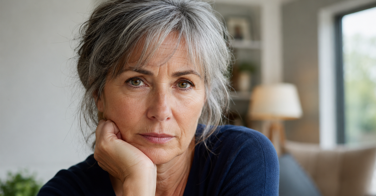 Concerned, grey haired woman around retirement age
