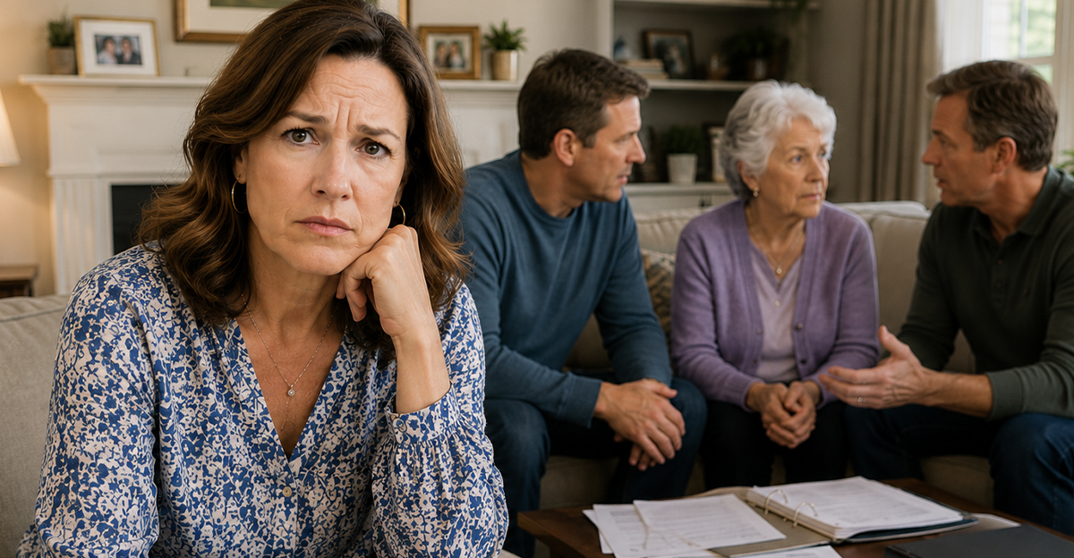 AI-generated image of a family worried about their senior parent being financially exploited by a caregiver.