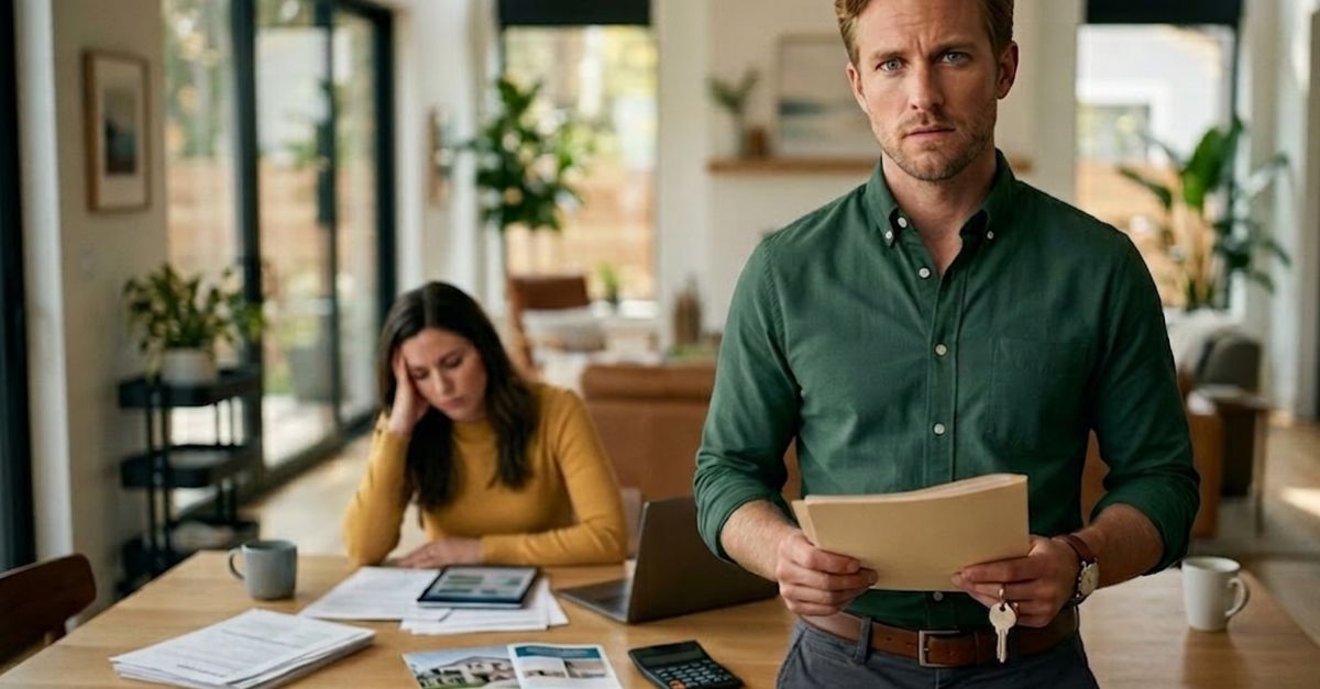 man in dilemma standing in a living room with documents; a stressed woman in background