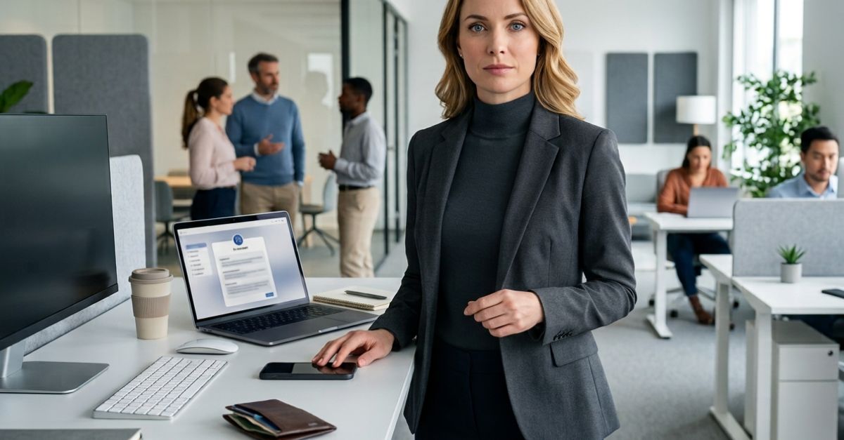 woman in office with colleagues in background