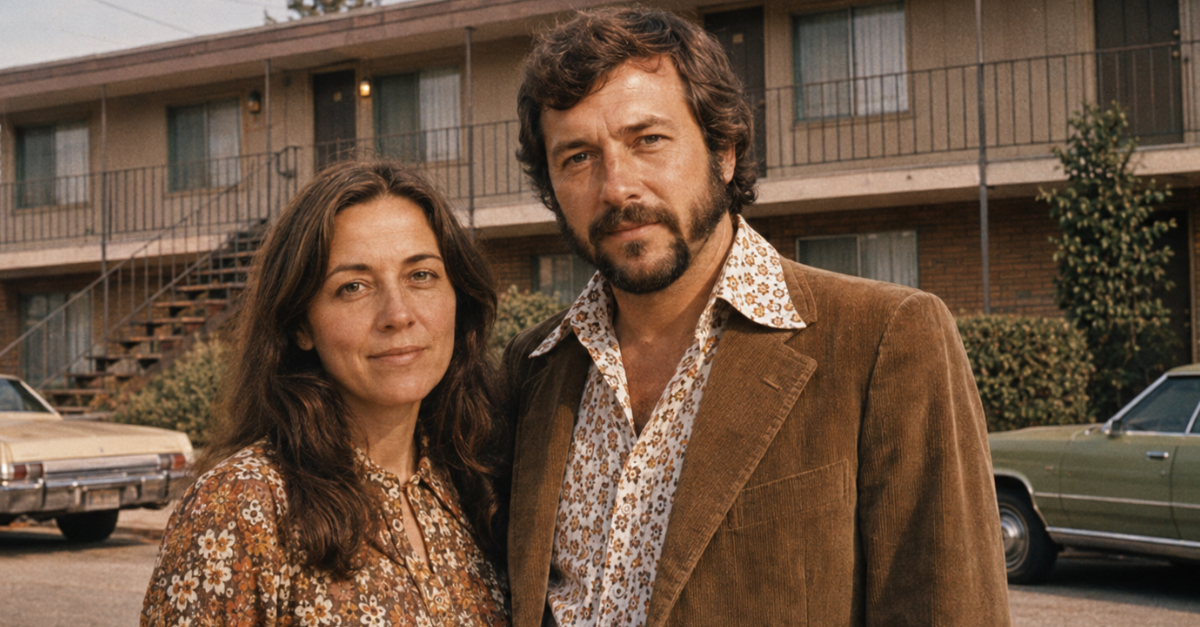 1970s couple in front of apartments