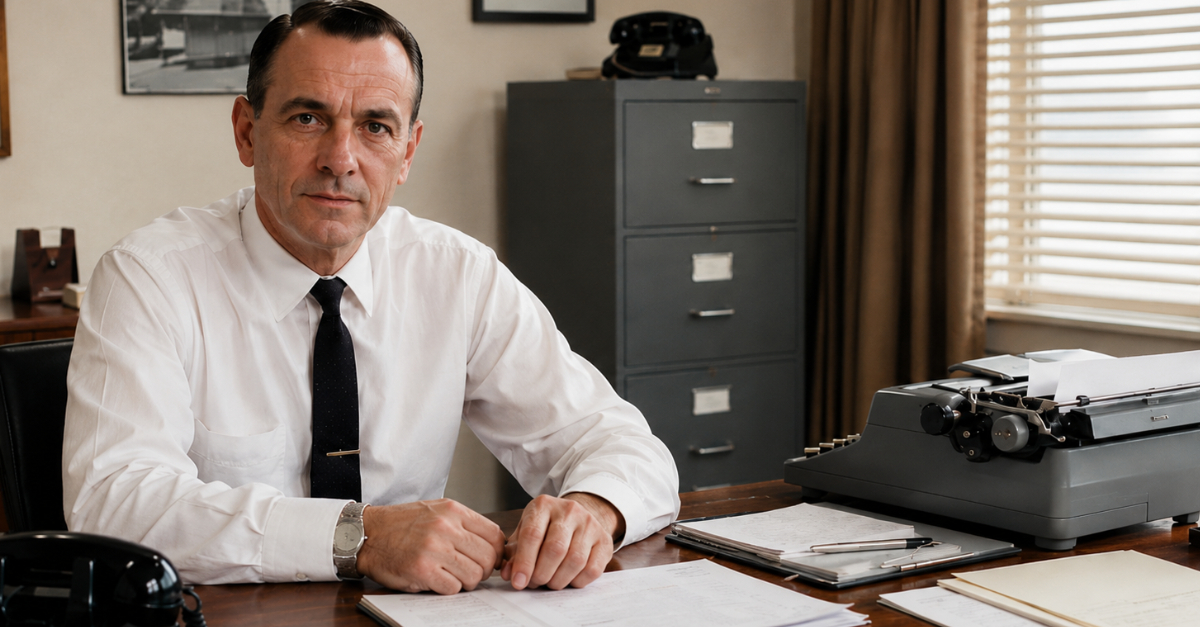 Man at desk in 1960s office