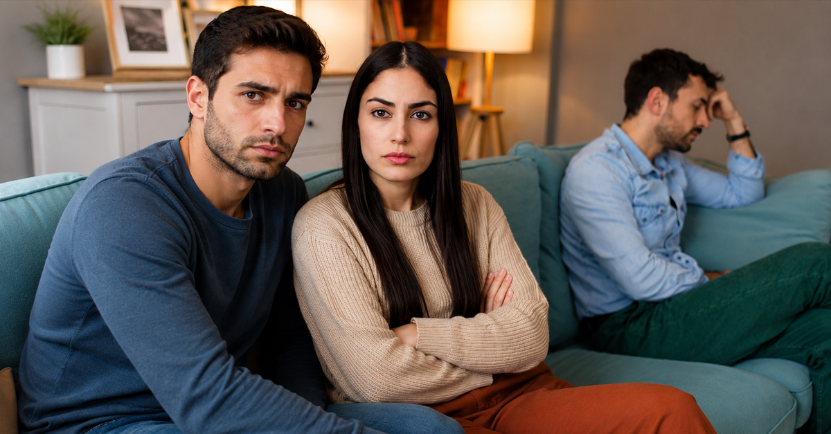 AI-generated image of two men and one woman sitting on a teal couch