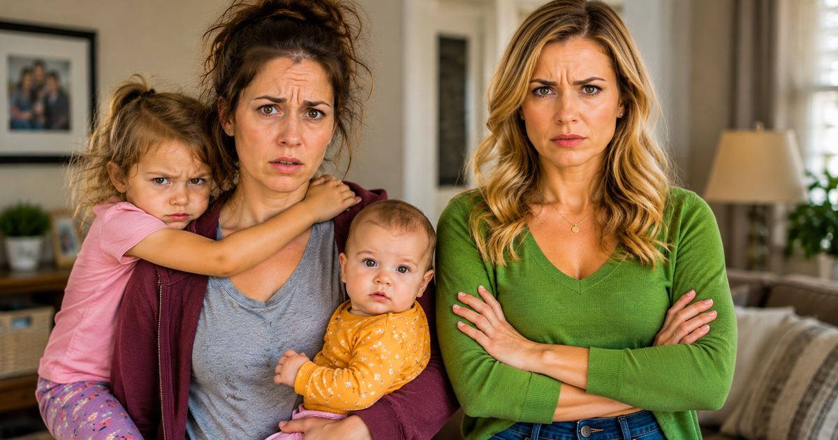 Two concerned women with children