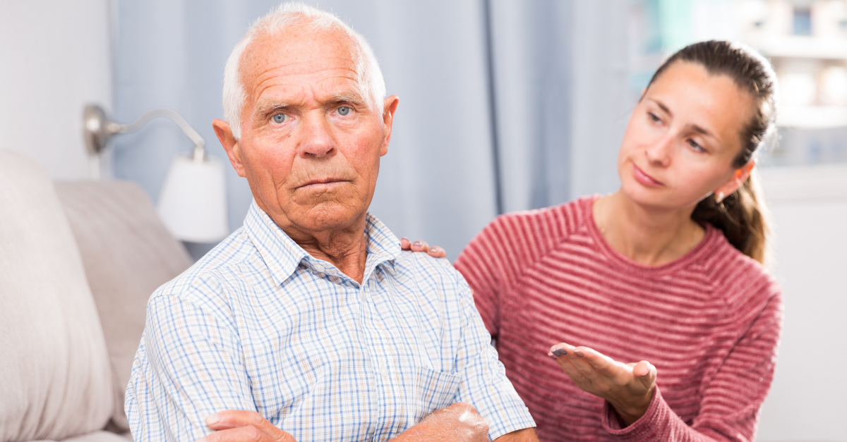 Home quarrel adult daughter and elderly father. High quality photo