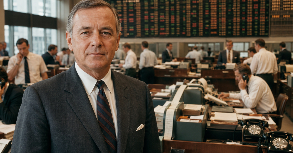 man in suit, background vintage stock trading floor