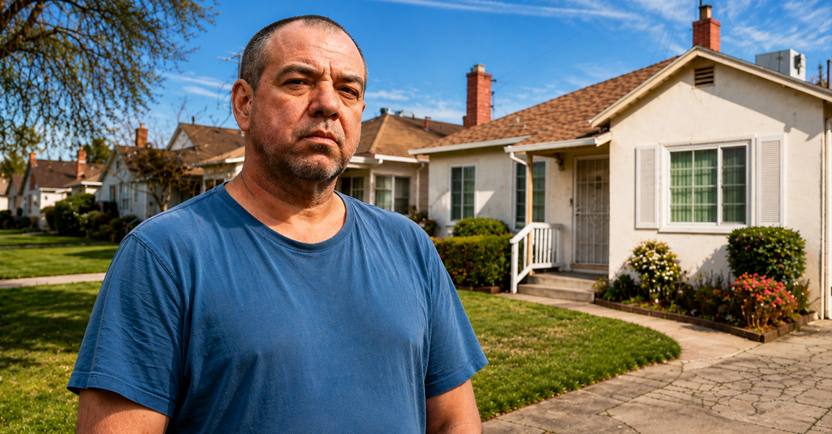 Composite image of middle-aged man standing outside a suburban home with a serious expression