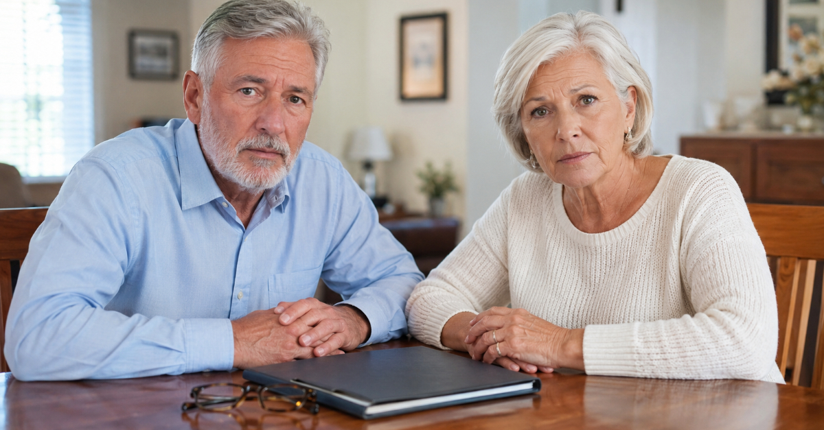 older couple sitting at table looking at camera
