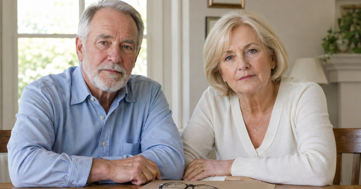 Older boomer couple looking at camera