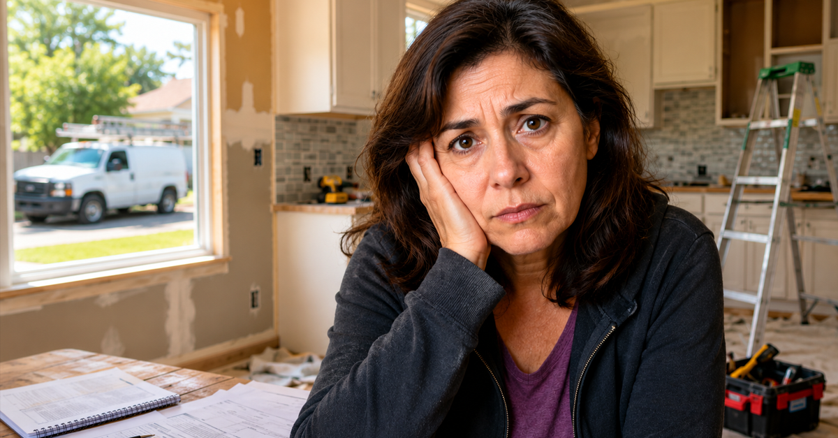 AI-generated image of a concerned woman sitting in a partially renovated home with construction work in progress