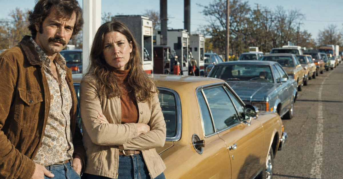 1970s gas lines, couple looking at camera
