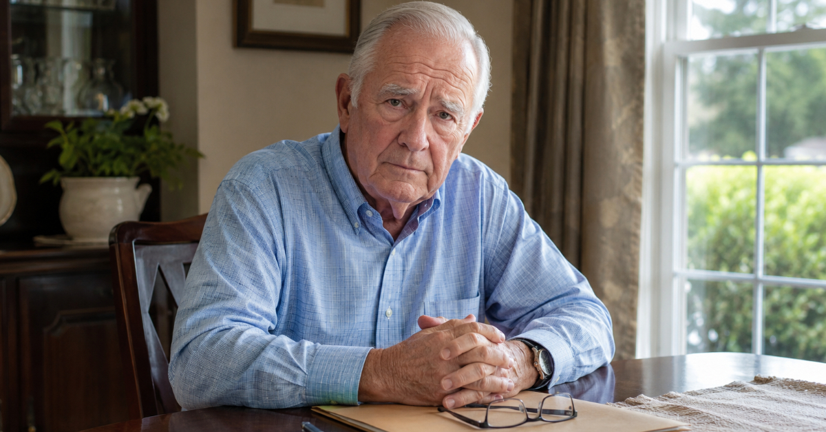 Older man at table looking at camera