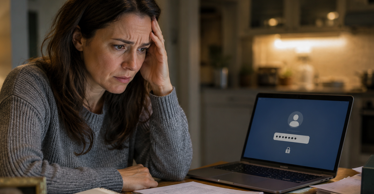 woman sitting at a laptop, stressed about locked laptop