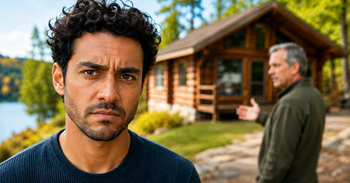 AI-generated image of man standing in front of cabin