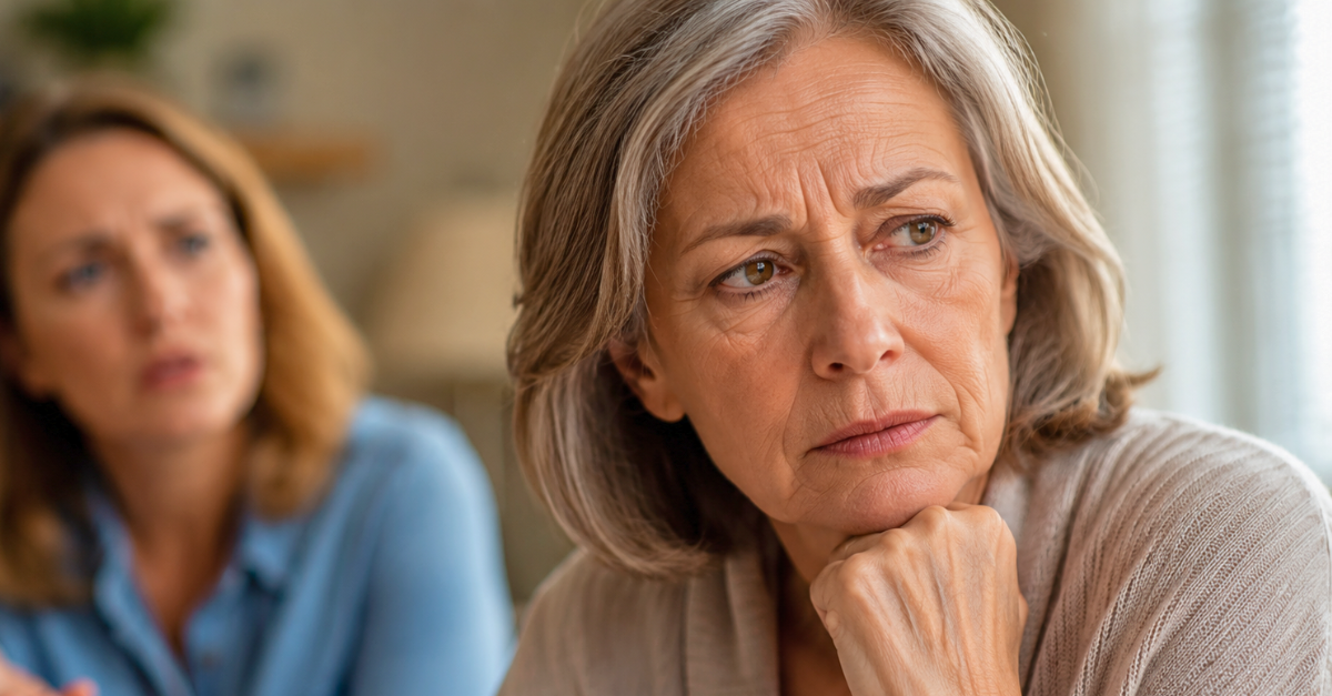 Woman listening to daughter, looking concerned.