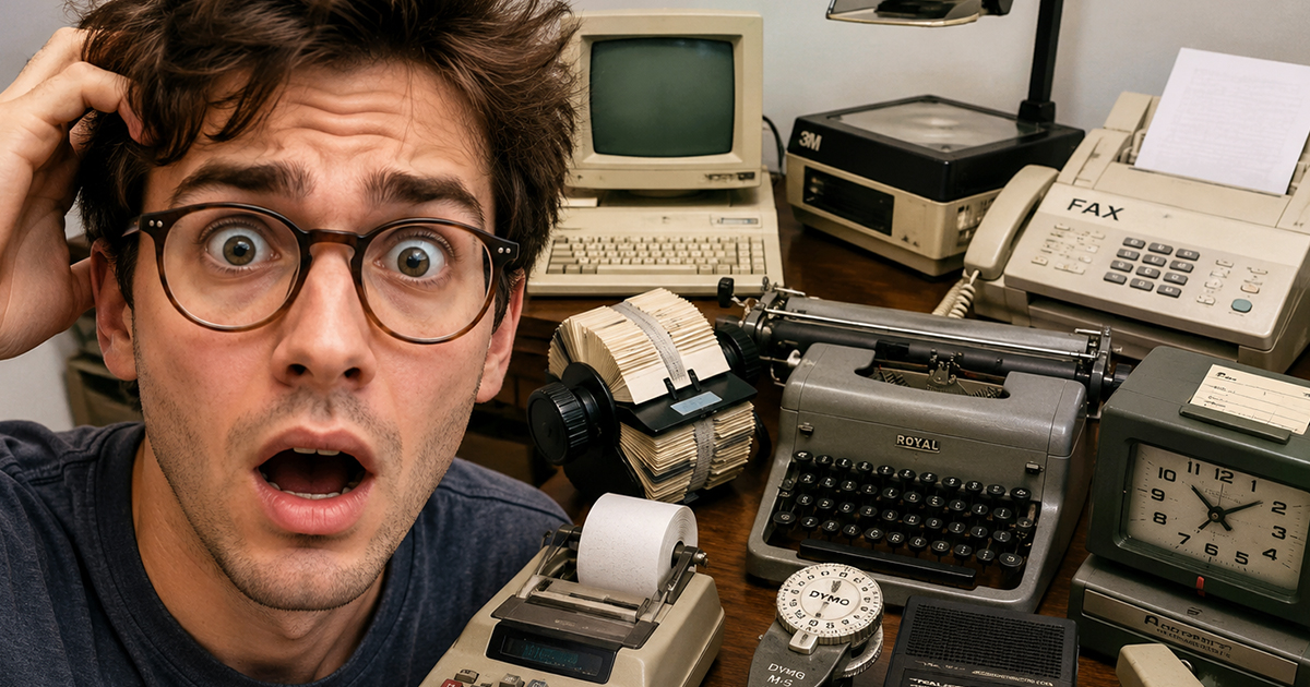 Man with glasses and office equipment
