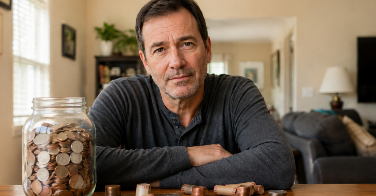 man at table with jar of coins
