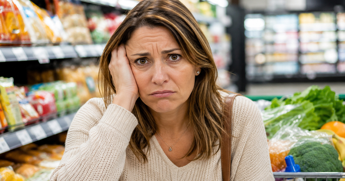 Worried woman in a grocery store