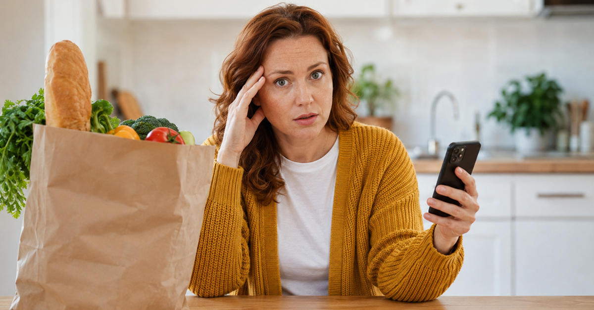 AI-generated image of a concerned woman holding a smartphone beside a bag of groceries in a kitchen