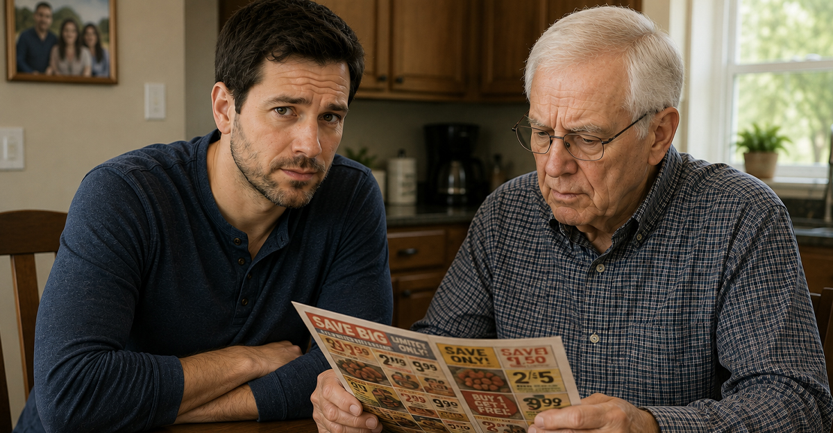 AI-generated image of a man trying to help his elderly father compare grocery prices.