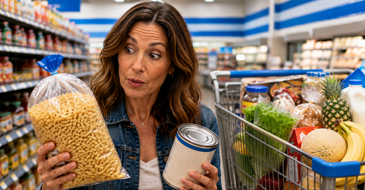 woman comparing grocery items in a big store