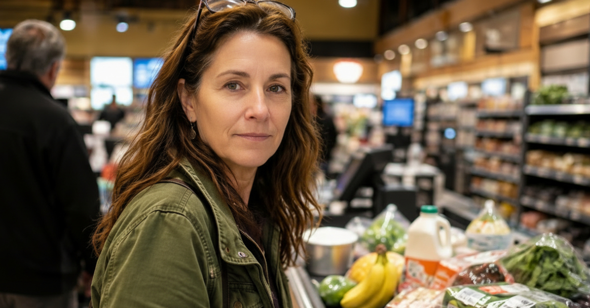 woman looking at camera standing in grocery checkout line