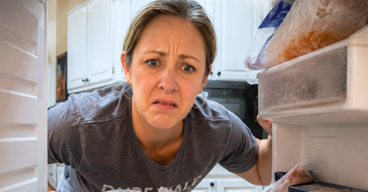 Woman looking inside freezer.